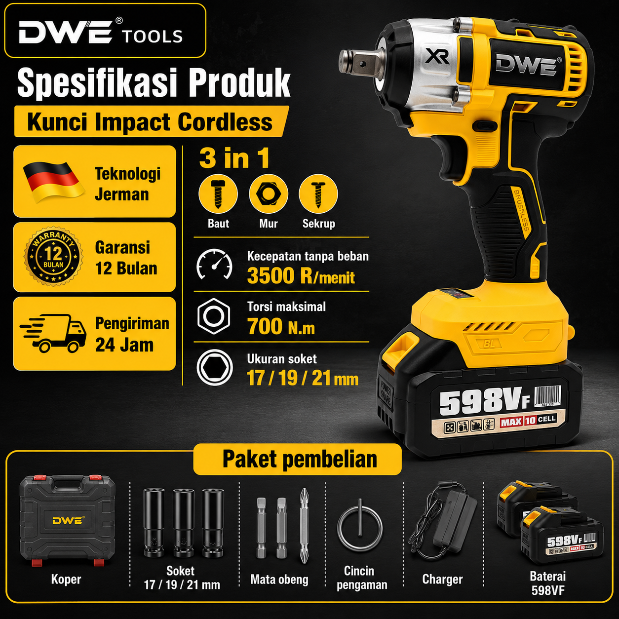 DWE Cordless Impact Wrench Brushless 700N