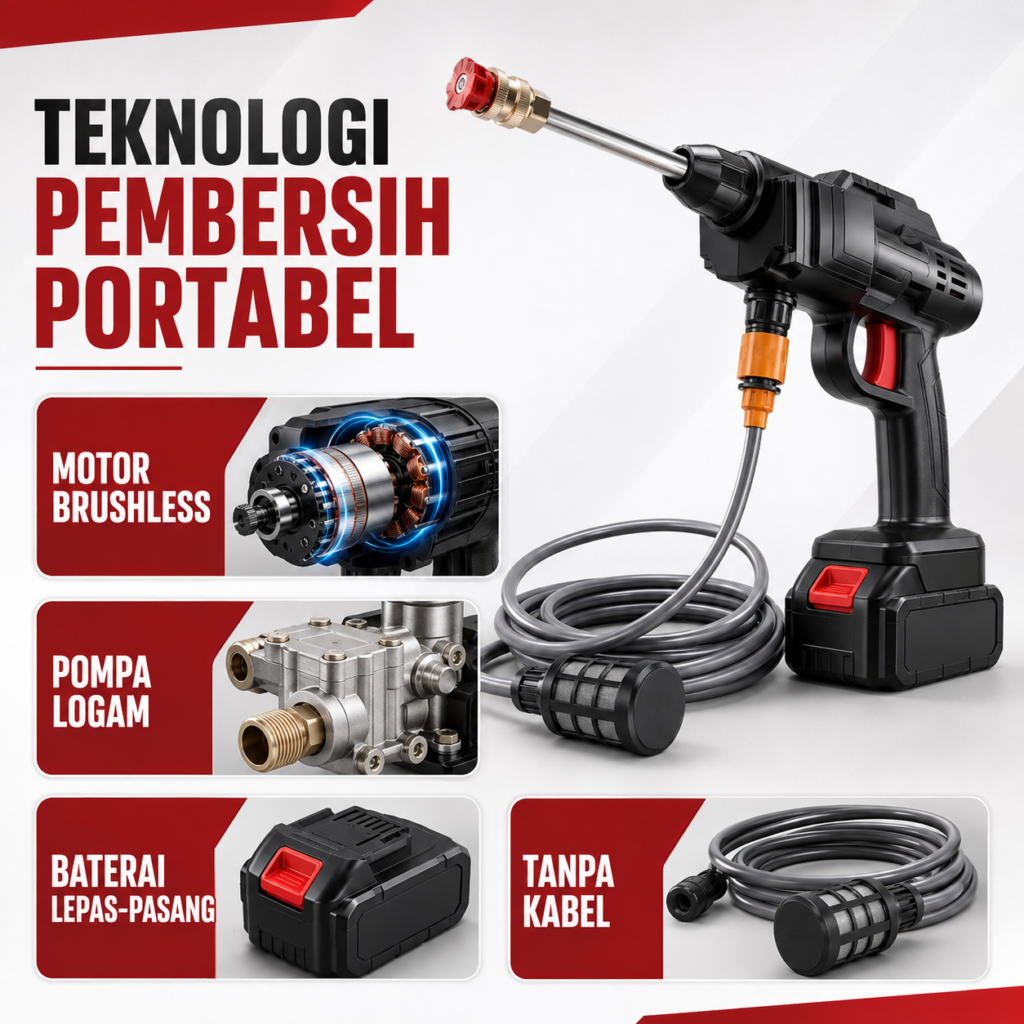 Fitur motor brushless, pompa logam, baterai lepas-pasang, dan pengoperasian tanpa kabel