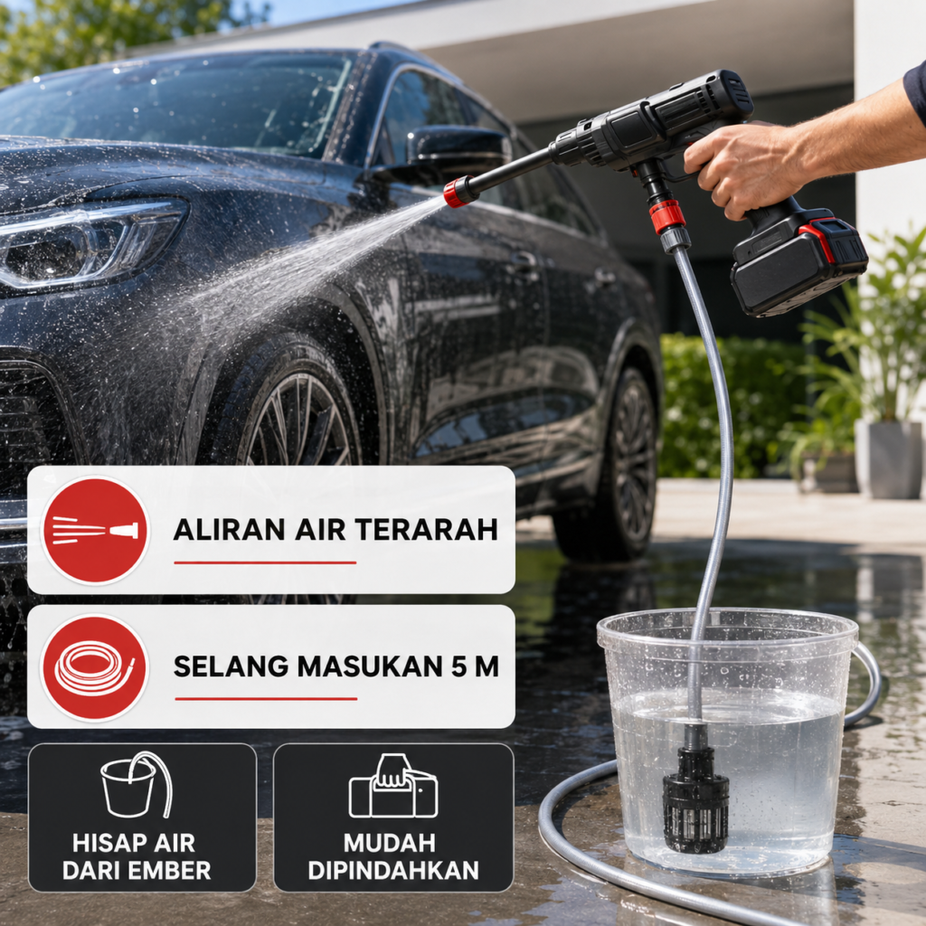 Jet cleaner cordless dengan aliran air terarah dan selang masukan 5 meter