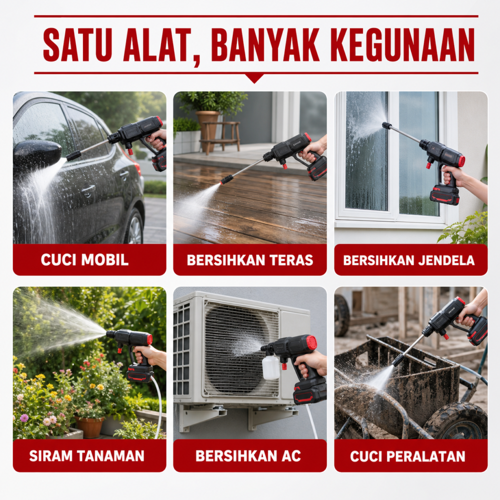 Penggunaan jet cleaner untuk mobil, teras, jendela, tanaman, AC, dan peralatan