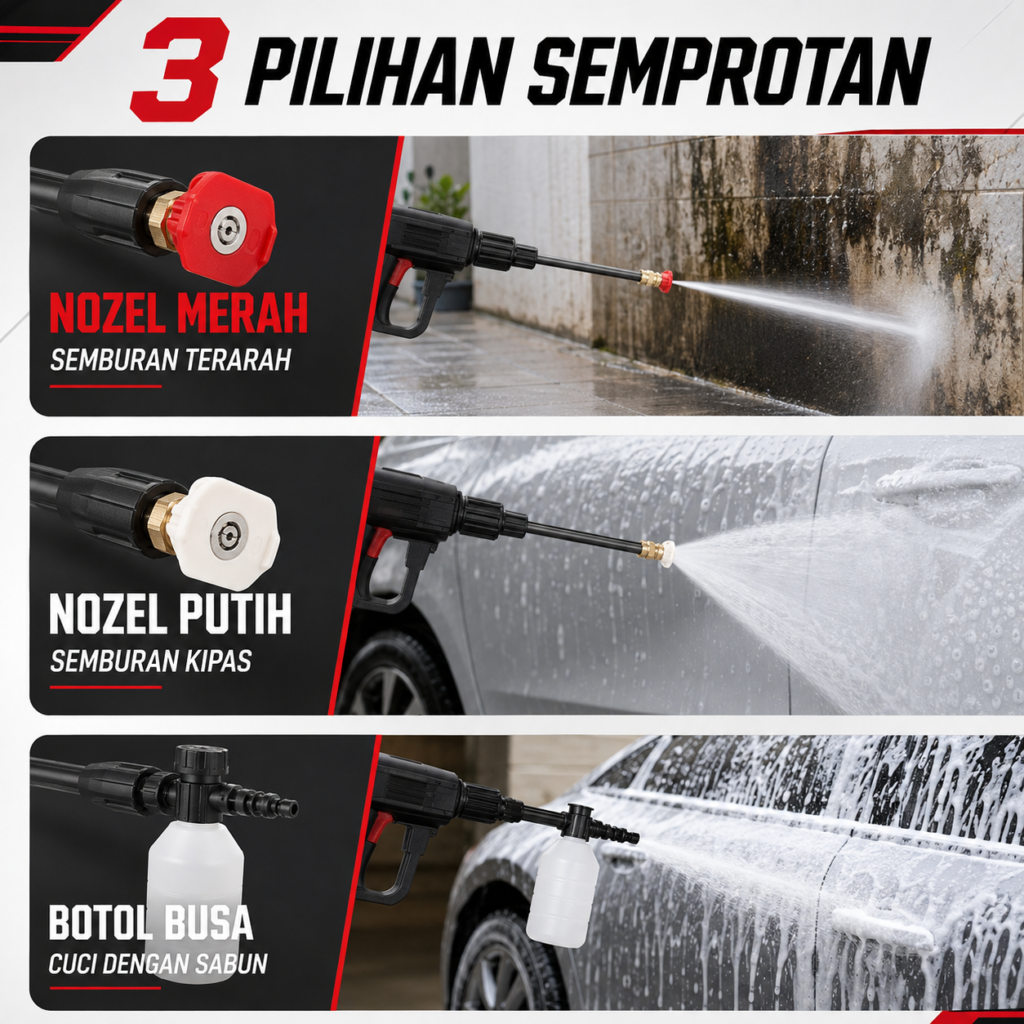 Nozel merah, nozel putih, dan botol busa untuk tiga pilihan semprotan