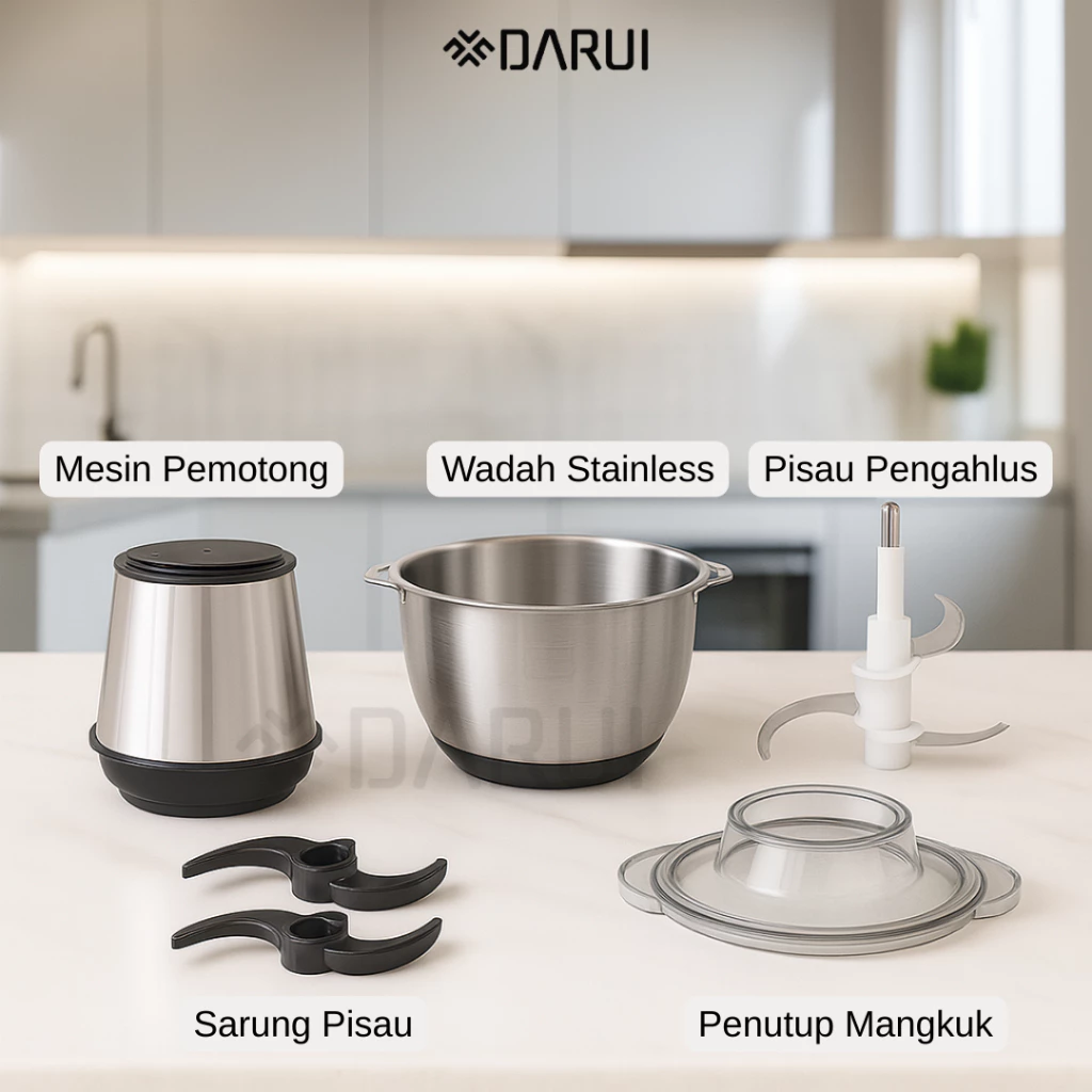 Komponen DARUI chopper meliputi motor, wadah stainless, pisau dan penutup