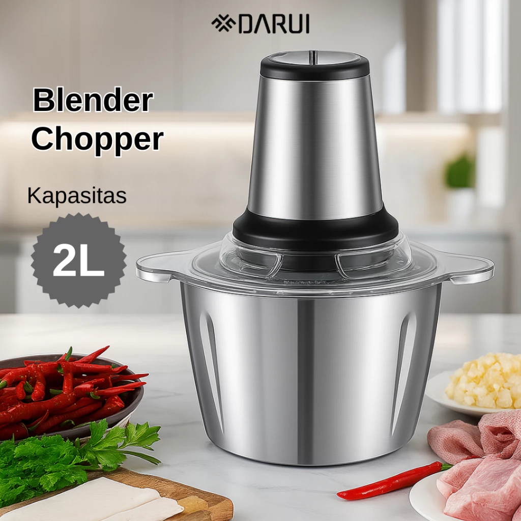 Tampilan lengkap DARUI chopper dengan motor dan wadah stainless steel