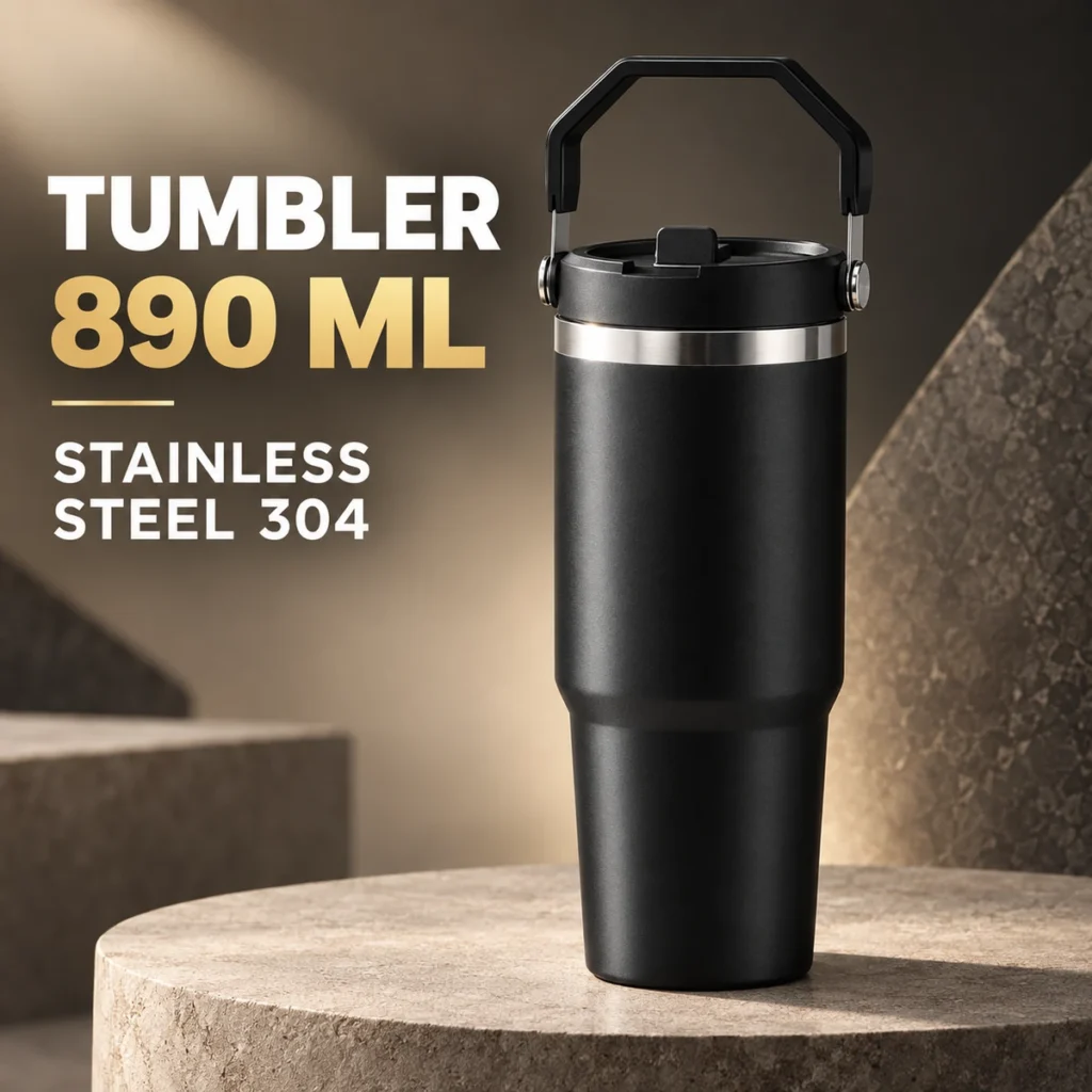 CucuLemon tumbler 890 ml warna hitam dengan pegangan lipat