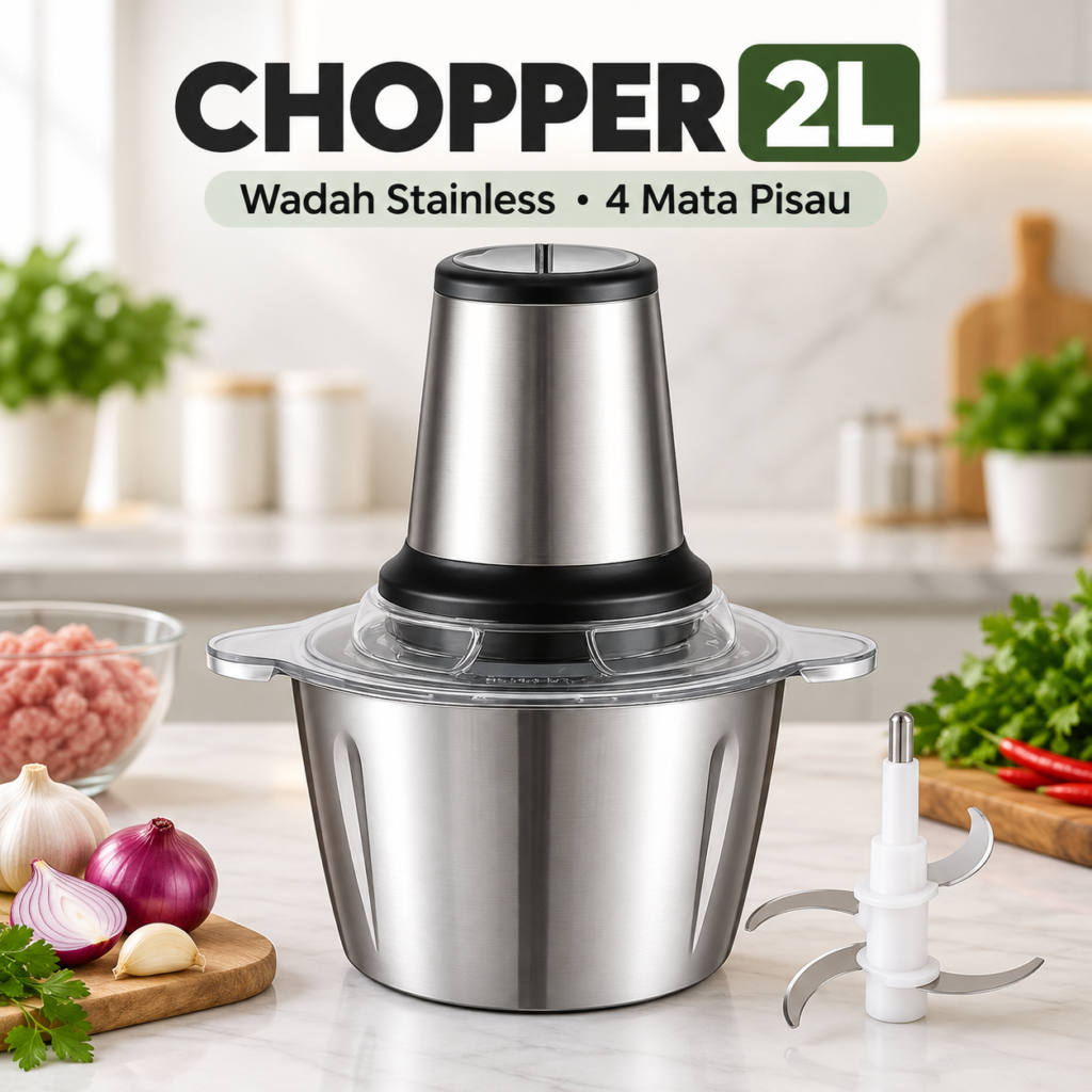 DARUI chopper 2 liter dengan wadah stainless steel dan empat mata pisau
