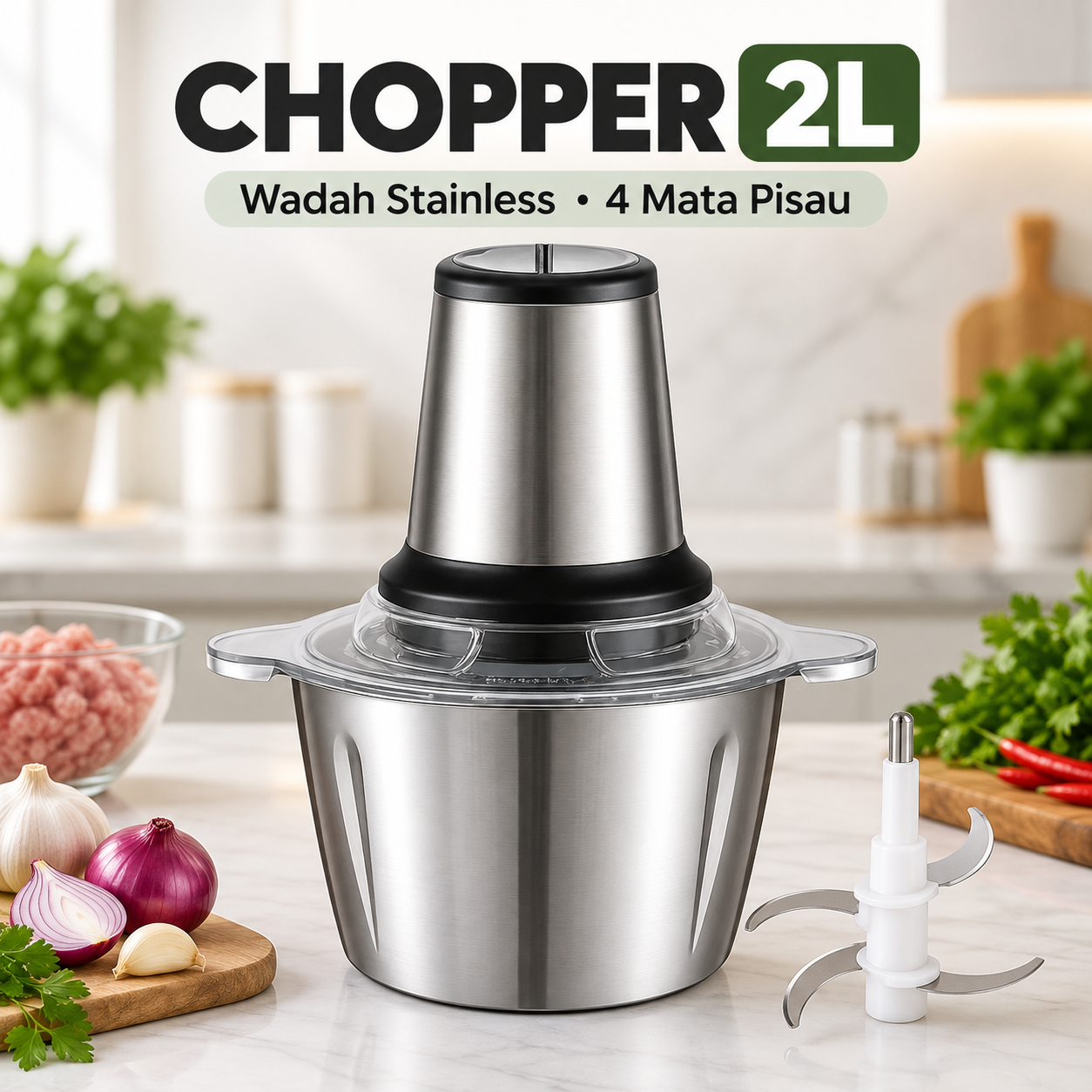 DARUI Chopper Blender 2 Liter — Wadah Stainless & 4 Mata Pisau