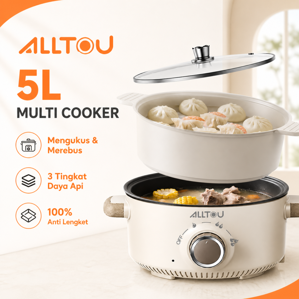 ALLTOU Multi Cooker 5L dengan steamer, tiga tingkat daya api, dan lapisan anti lengket