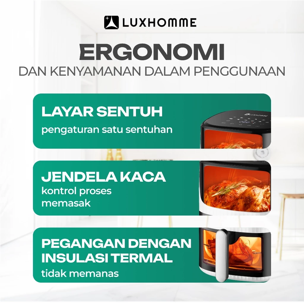 Layar sentuh, jendela kaca, dan pegangan berinsulasi pada air fryer LUXHOMME