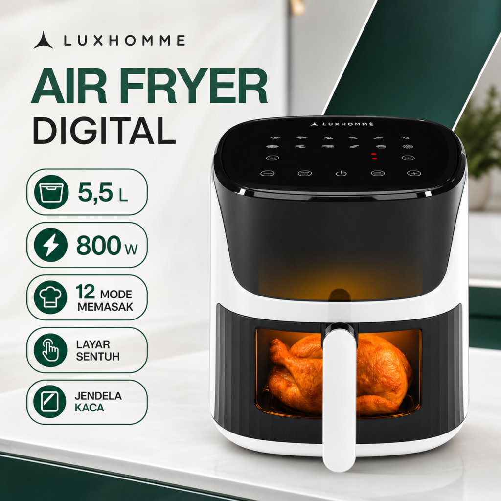LUXHOMME Air Fryer Digital 5,5 liter dengan layar sentuh dan dua jendela kaca